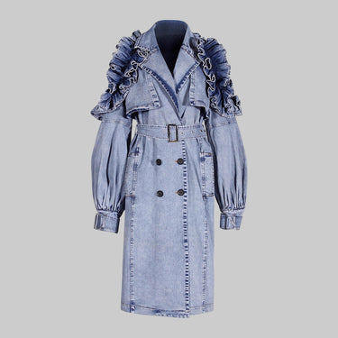 Blue Denim Ruffle Shoulder Long Trench Coat